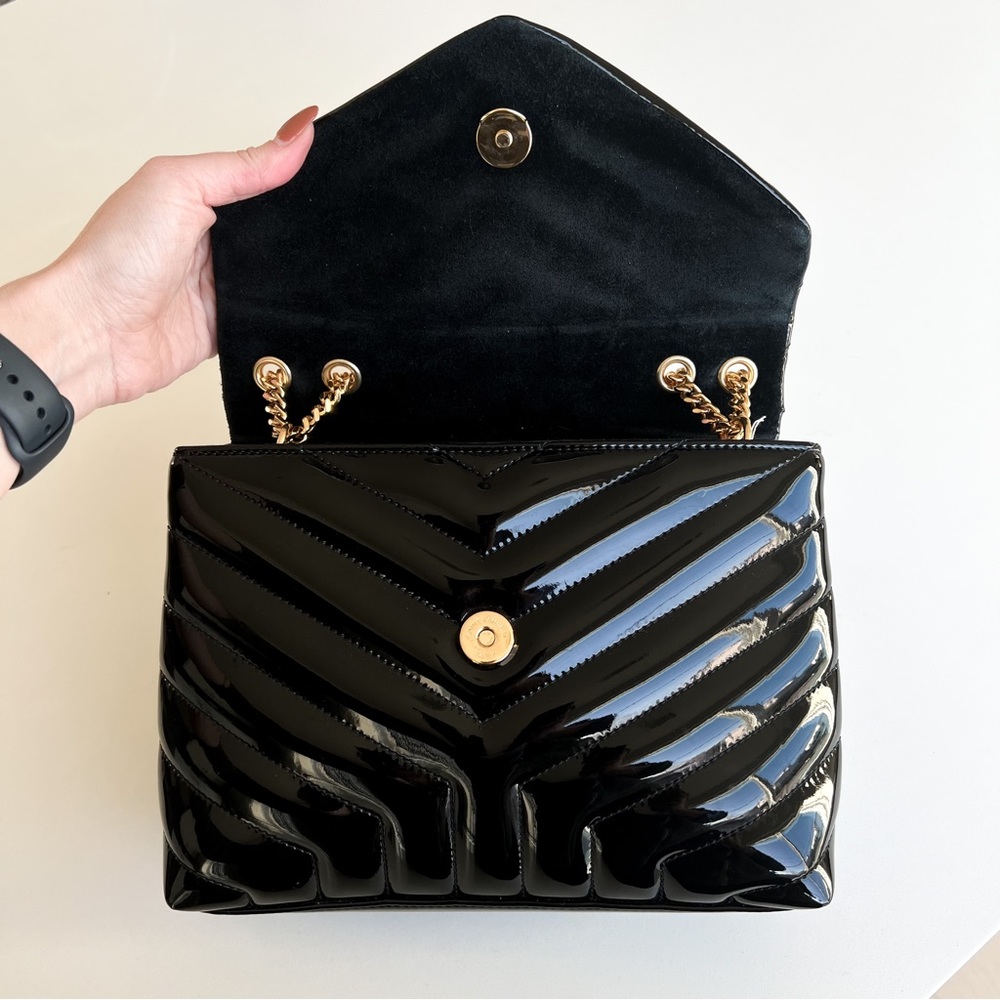 Saint Laurent (YSL) Black and Gold Patent Shoulder Bag -Worn 1X - Picture 10 of 16